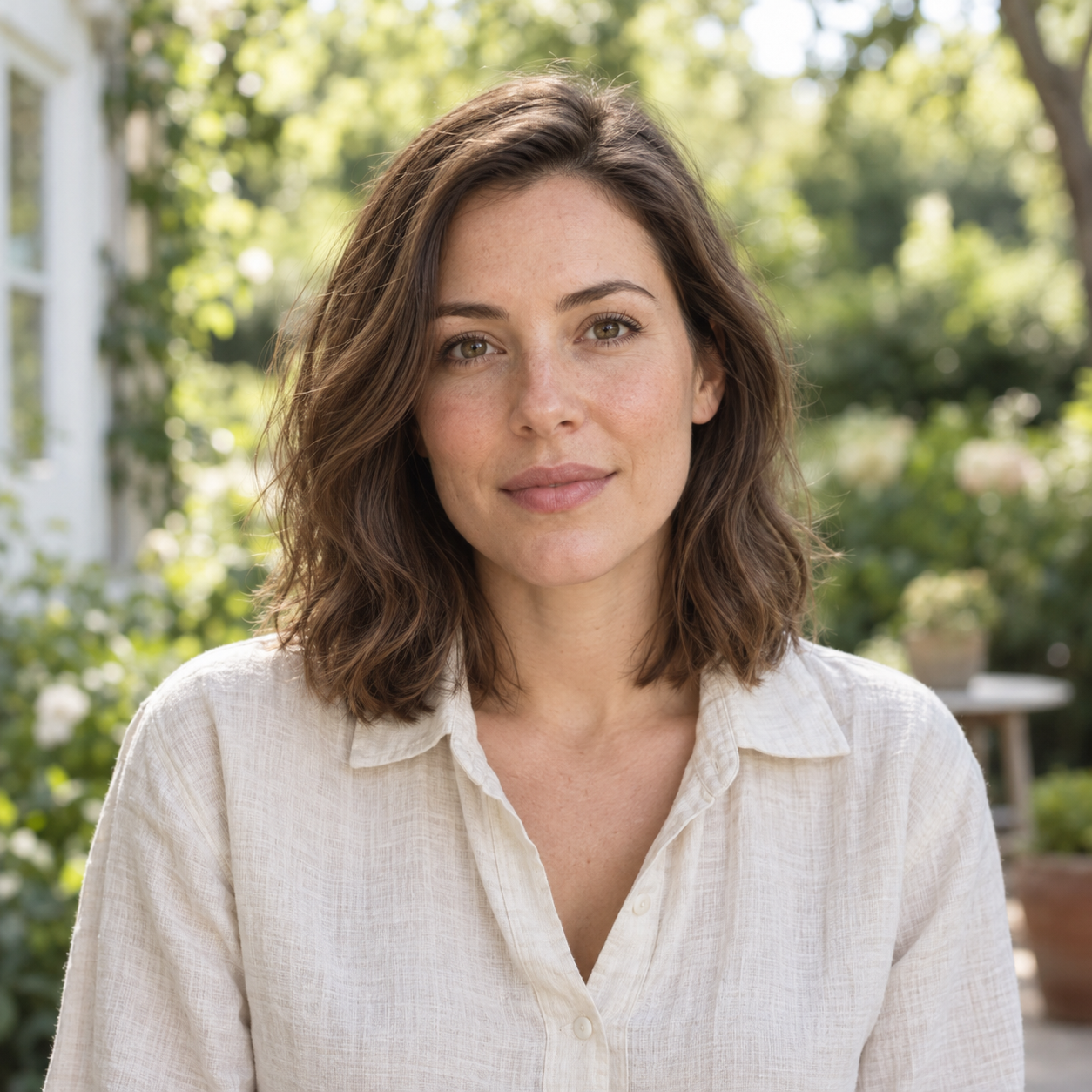 AI-created adult woman in a linen shirt with a softly lit garden behind her